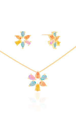 Conjunto Mandala Gotas Coloridas Banhado a Ouro 18K