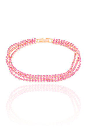 Pulseira Tripla Safira Rosa Cravejada Banhado a Ouro 18K