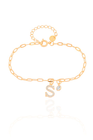 Pulseira Elos Letra S Cravejado Cristal Banhado a Ouro 18K