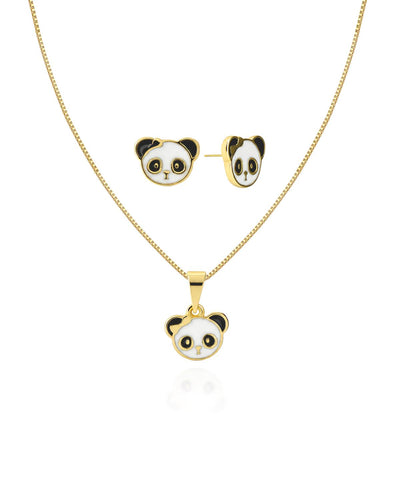 Conjunto Infantil Panda Esmaltado Branco Detalhes Preto