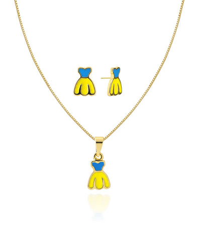 Conjunto Infantil Princesa Vestido Esmaltado Amarelo e Azul