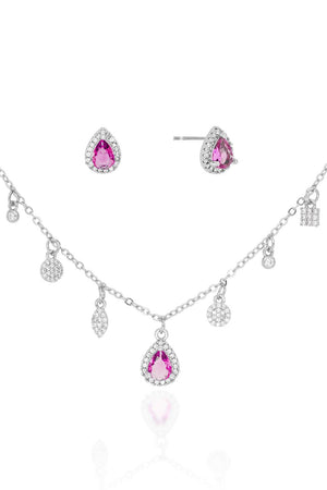 Conjunto com Berloques Cravejados Pingente e Brincos Gota Rosa Fúcsia e Borda Cristal