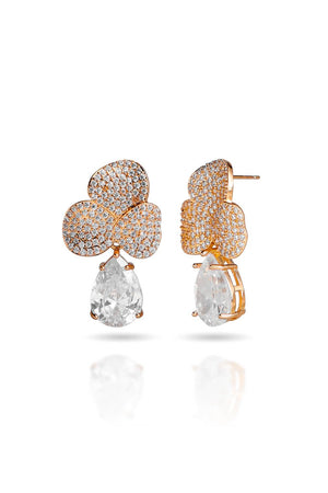Brinco Folhas Cravejadas e Gota Pendente Cristal