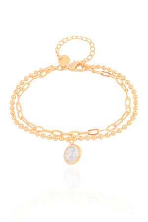 Pulseira Dupla Bolinhas Elos Ponto de Luz Cristal Banhado a Ouro 18K