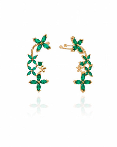 Brinco Ear Cuff Flores Navete Verde Esmeralda Pino e Encaixe