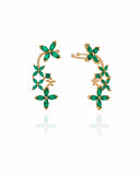 Brinco Ear Cuff Flores Navete Verde Esmeralda Pino e Encaixe