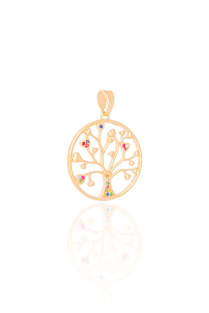 Pingente Árvore Corações Cravejados Coloridos Banhado a Ouro 18K