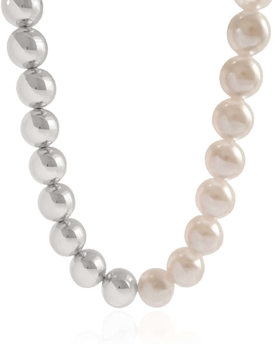 Colar Bolas Lisas e Pérolas Ródio Branco - 40 cm
