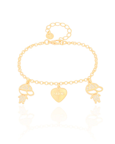 Pulseira Filhos Meninos com Coração Amor Banhado a Ouro 18K