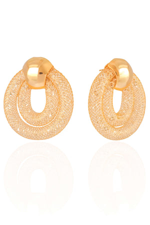 Brinco Duplo Telas Cristais 3.4 cm Banhado a Ouro 18K