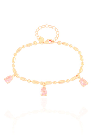 Pulseira Gomos Gotas Safira Rosa Banhado a Ouro 18K