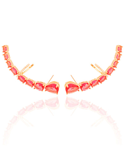 Ear Cuff Pontos de Luz Ovais Rubi Cravejado Cristal Banhado a Ouro 18K