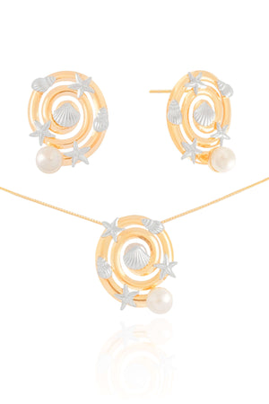 Gargantilha Maritimo Conchas Estrela Caracol Perola Banhado a Ouro 18K - 40 cm