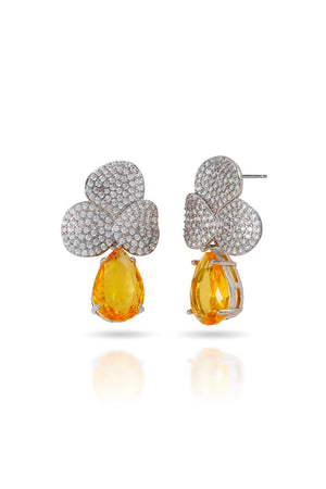 Brinco Folhas Cravejadas Cristal e Gota Pendente Citrino