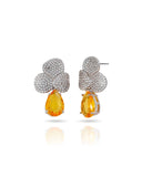 Brinco Folhas Cravejadas Cristal e Gota Pendente Citrino