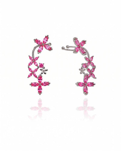 Brinco Ear Cuff Flores Navete Fucsia Rosa Pino e Encaixe