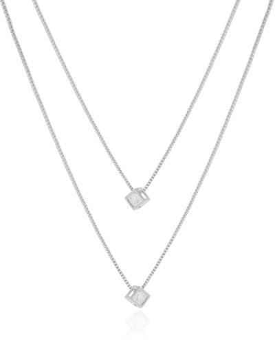 Colar Dupla Quadrados Pontos de Luz Cristal Ródio Branco - 40/45 cm