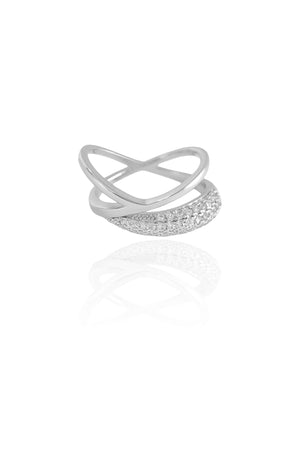 Anel Entrelaçado Cravejado Cristal Tamanho 13 Ródio Branco