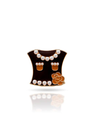 Broche Blazer Esmaltado Marrom com Pérolas e Flor