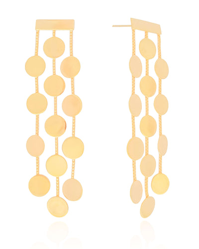 Brinco Fio Franja Chapa Redondas Banhado a Ouro 18K