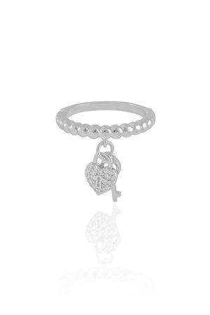 Anel Chave Coração Cravejado Cristal Tamanho 22 Ródio Branco