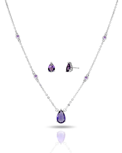 Conjunto Colar Ponto de Luz com Pingente Gota e Brinco Ametista