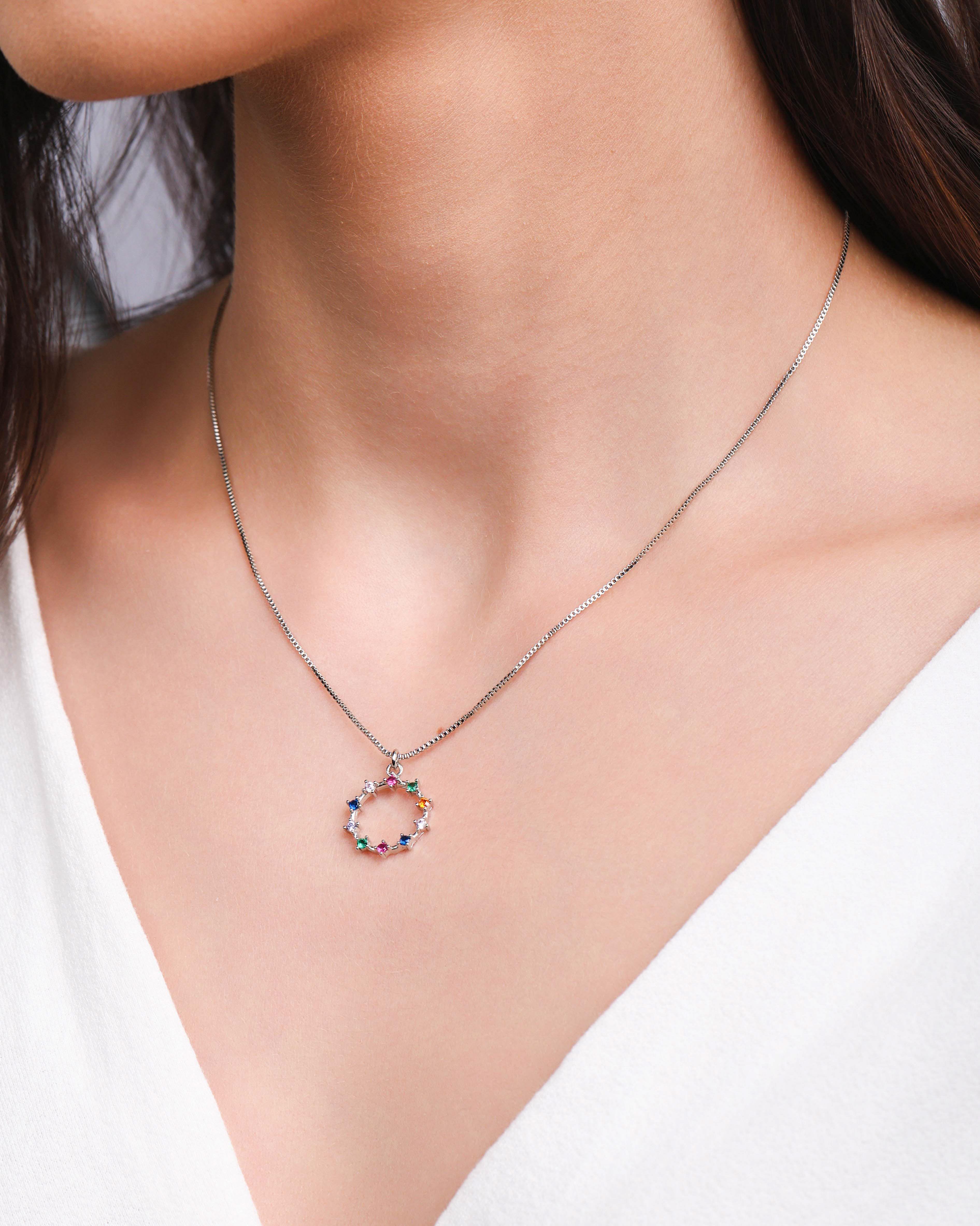 Gargantilha Veneziana Círculo Pontos de Luz Coloridos Ródio Branco - 40 cm