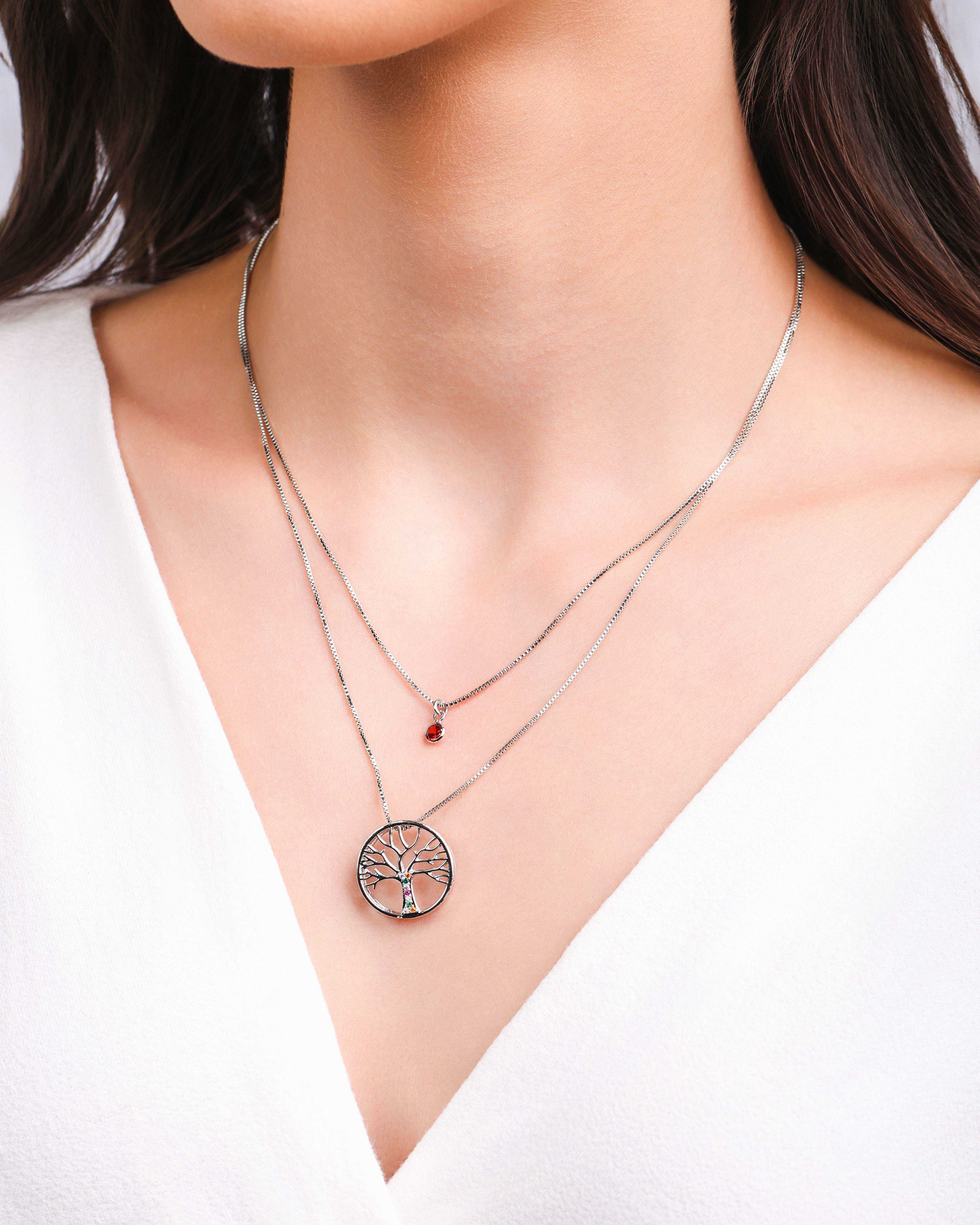 Gargantilha Dupla Árvore da Vida e Ponto de Luz Rubi Ródio Branco