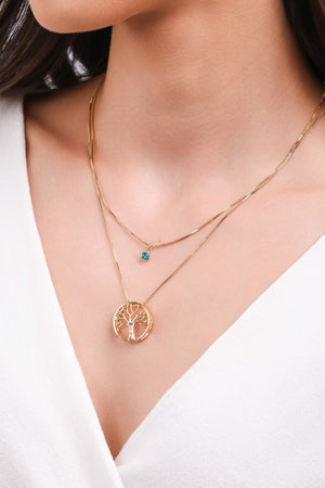 Gargantilha Dupla Árvore da Vida e Ponto de Luz Topázio Banhado a Ouro 18K