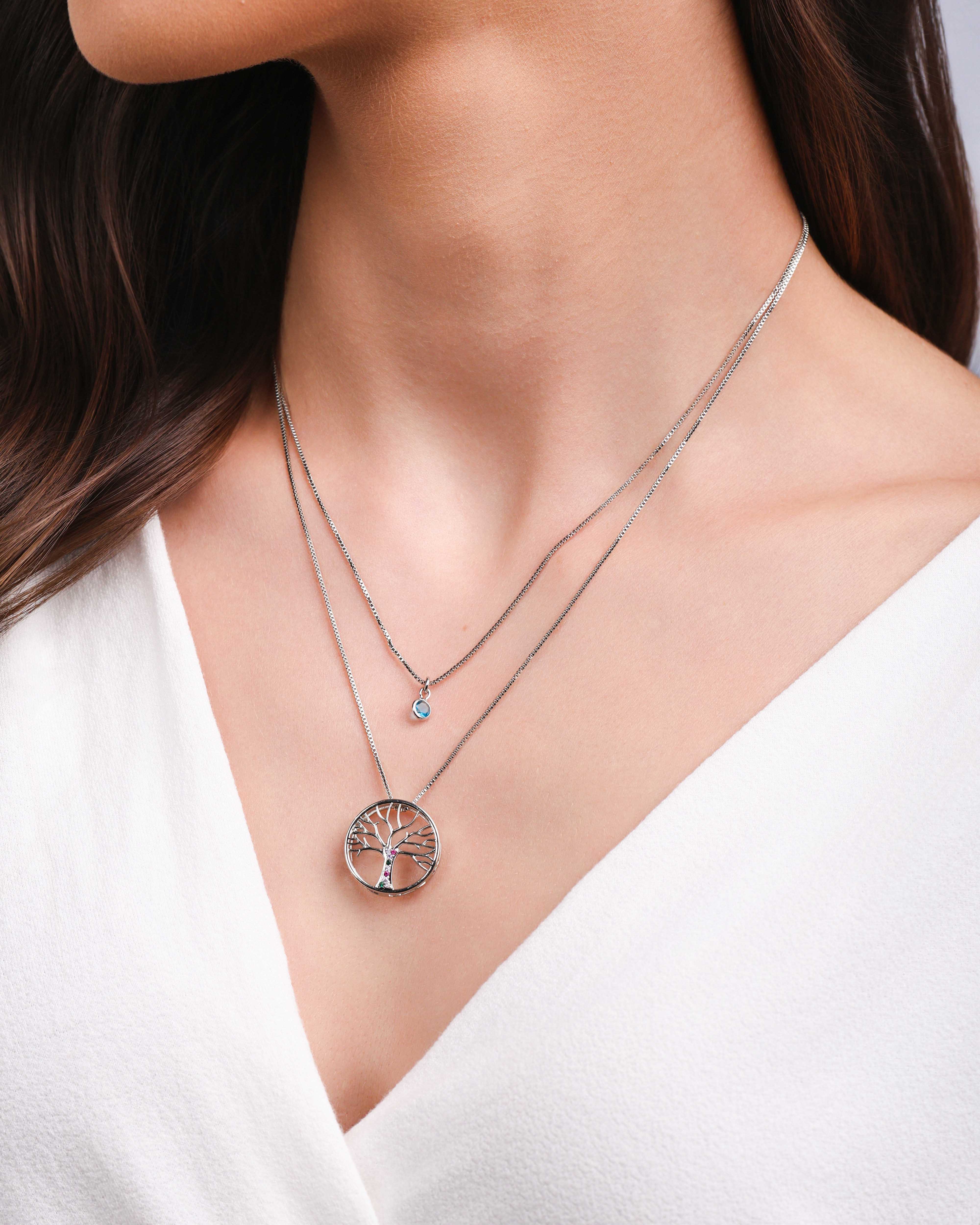 Gargantilha Dupla Árvore da Vida e Ponto de Luz Topázio Ródio Branco