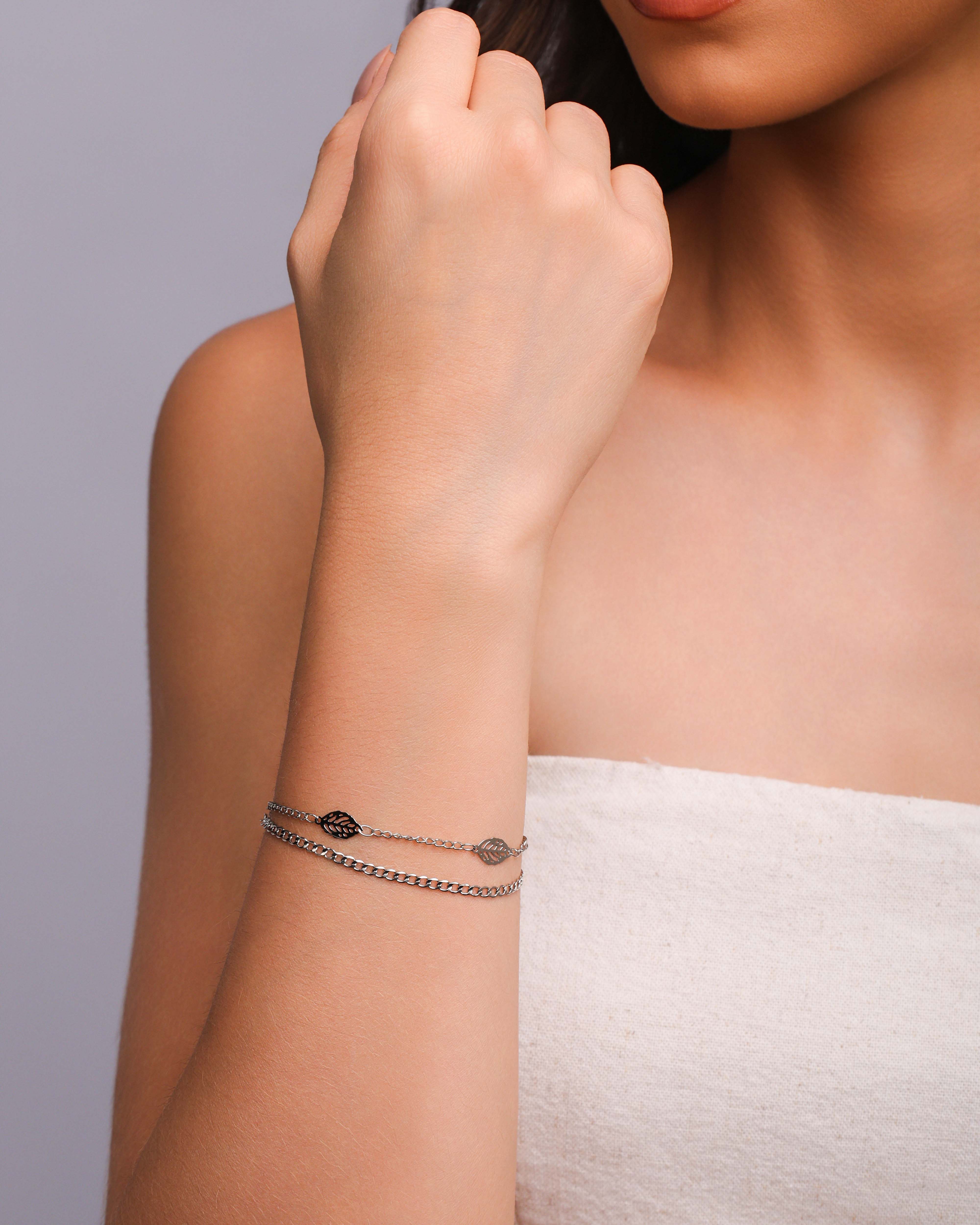 Pulseira Grumet com Folhas Ródio Branco