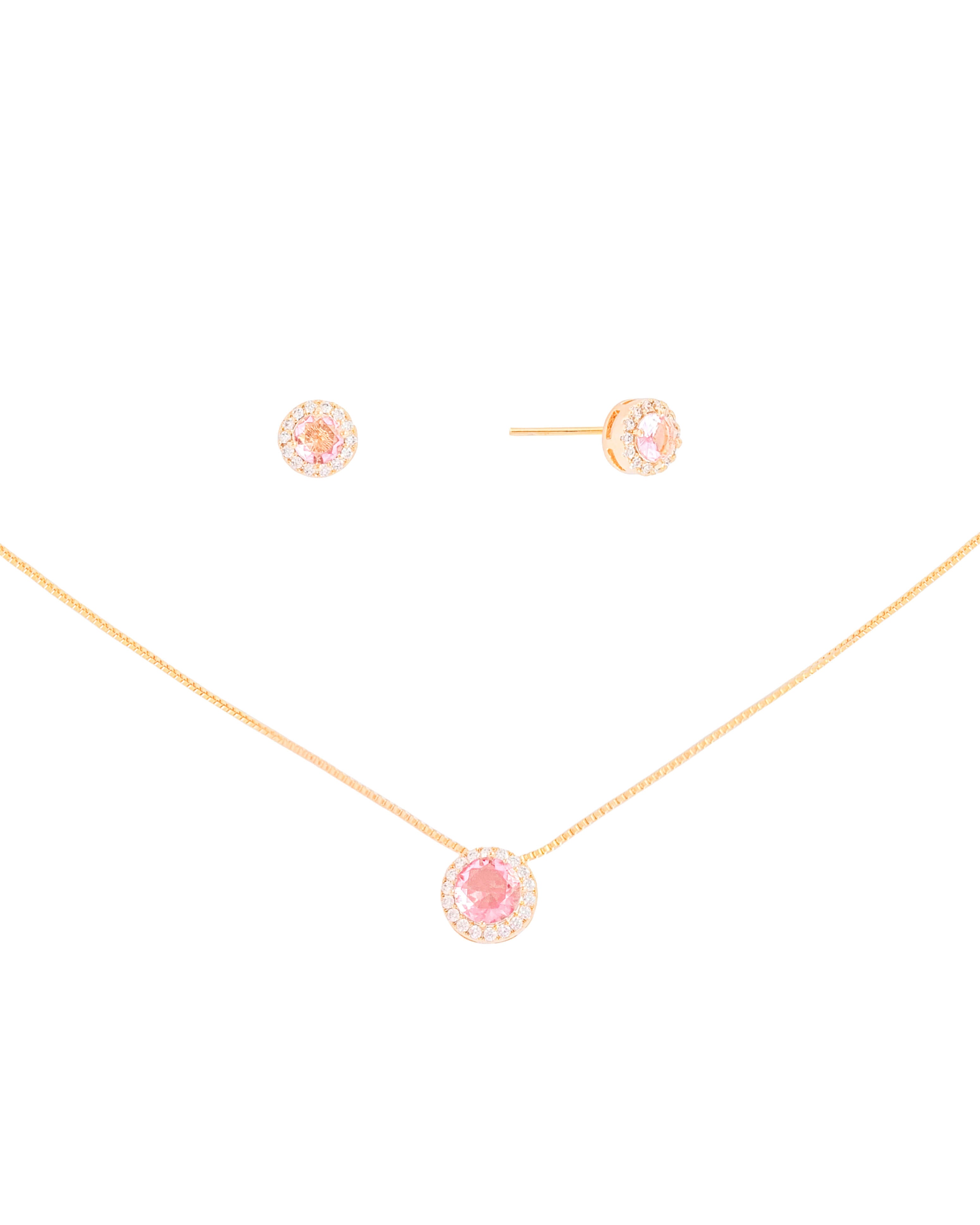 Conjunto Safira Rosa Cravejado Banhado a Ouro 18K