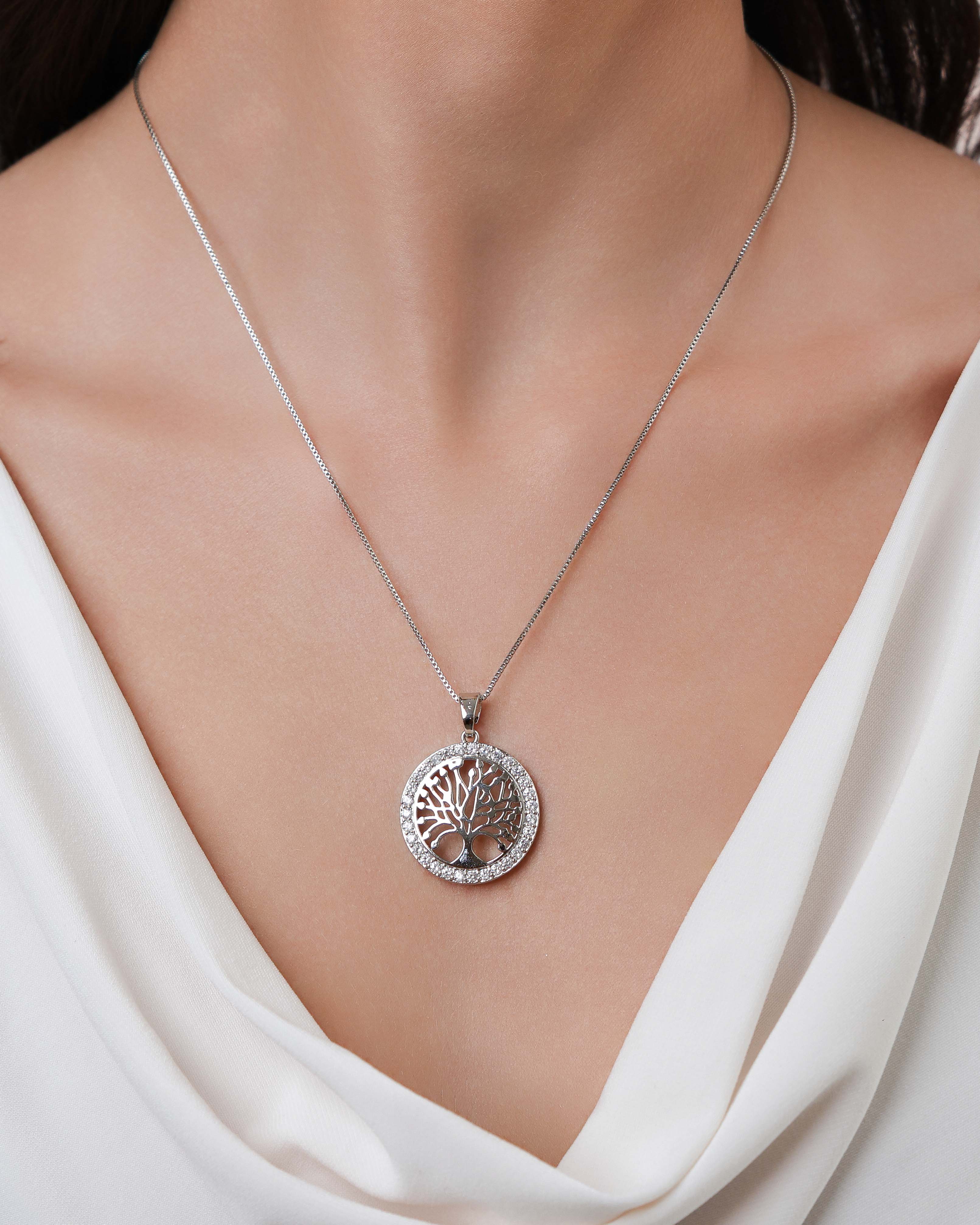 Pingente Árvore da Vida Cravejada Cristal 2.5 cm Ródio Branco