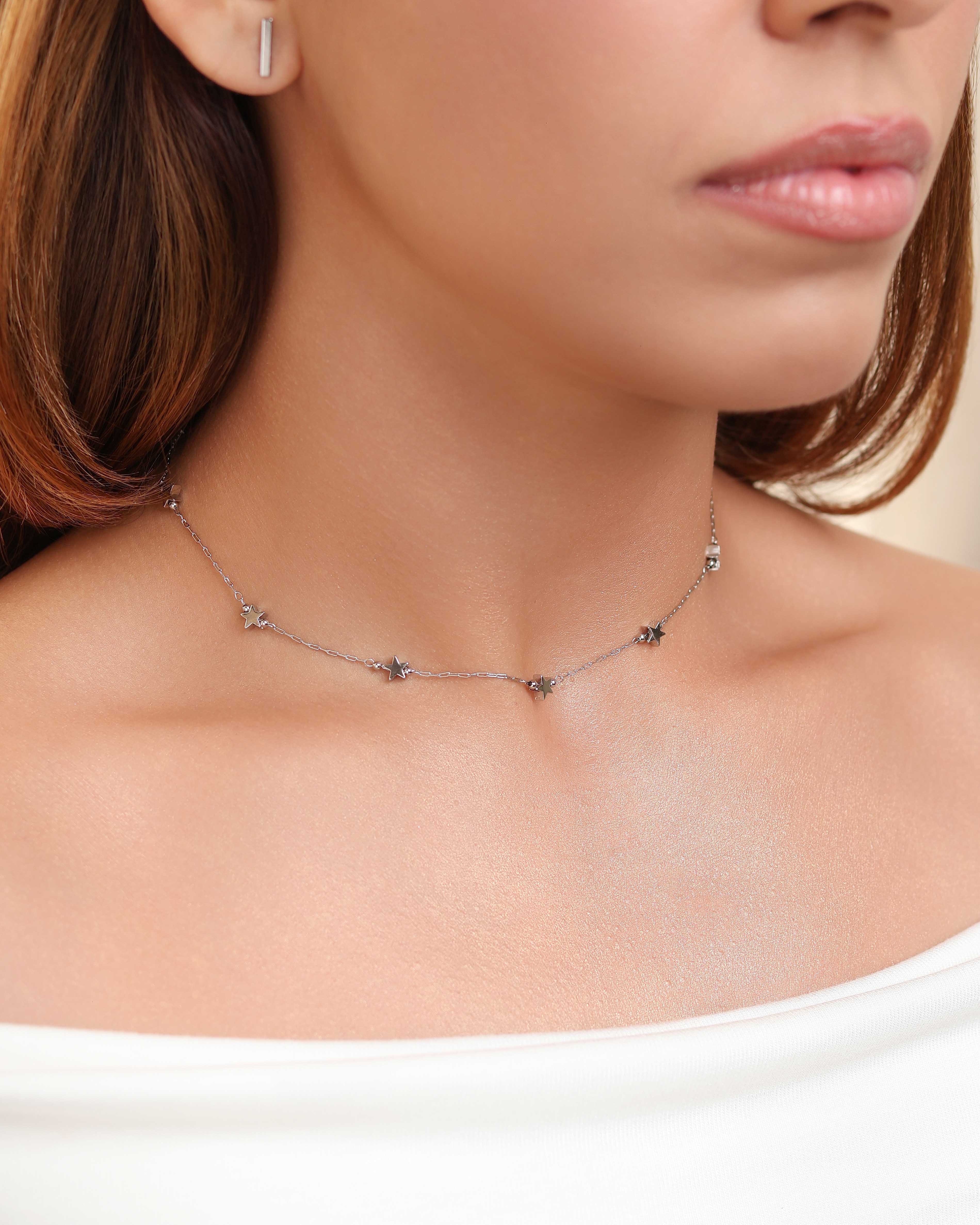 Choker Elos Mini Estrelas Ródio Branco