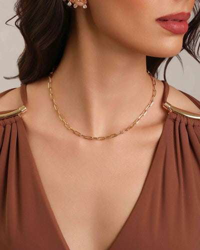 Colar Elos Detalhes Ponto de Luz Cristal Banhado a Ouro 18K - 40 cm