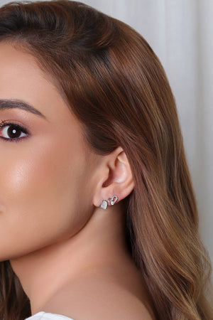 Brinco duplo Coração e Retângulo Cravejado Cristal Ródio Branco