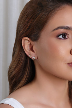 Brinco Duplo Laço Três Cristal e Laço Liso Cristal Banhado a Ouro 18K