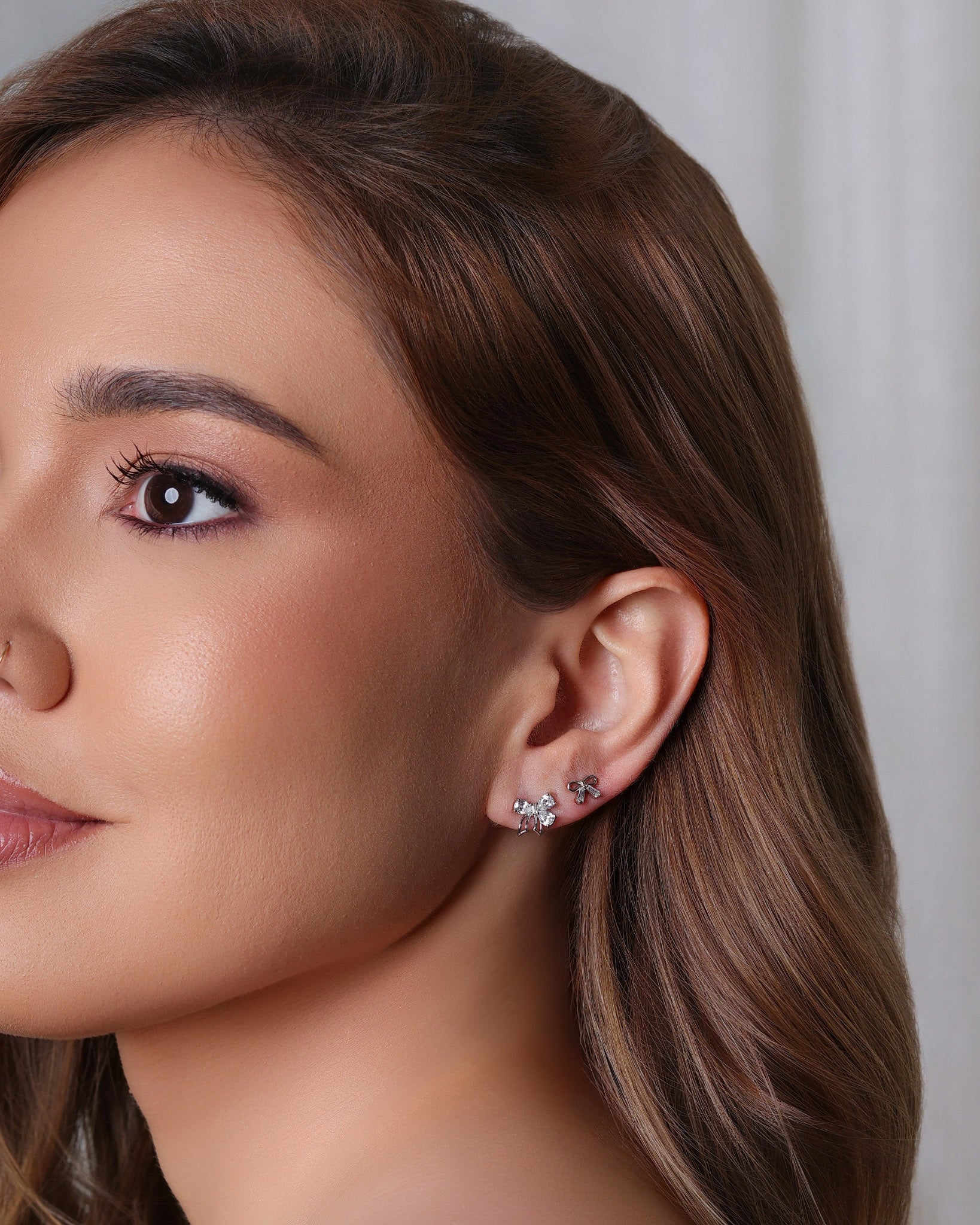 Brinco Duplo Laço Três Cristal e Laço Liso Cristal Ródio Branco