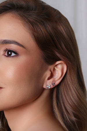 Brinco Duplo Laço Três Cristal e Laço Liso Cristal Ródio Branco