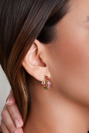 Brinco Meia Argola Redonda Colorida Banhado a Ouro 18K