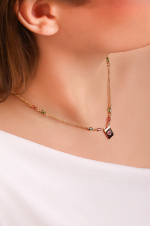 Gargantilha Navetes Coloridos Coração Rosa Banhado a Ouro 18K - 45 cm