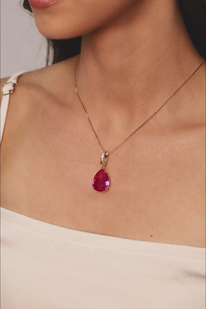 Pingente Gota Safira Rosa Cravejada Cristal Banhado a Ouro 18K