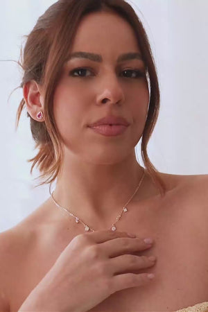 Conjunto com Berloques Cravejados Pingente e Brincos Gota Rosa Fúcsia e Borda Cristal
