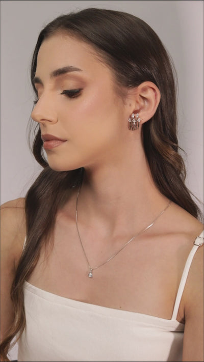 Ear Hook Filetes Gotas Cristal Ródio Branco