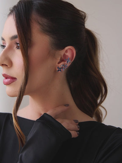 Brinco Ear Cuff Flores Navete Safira Azul Pino e Encaixe